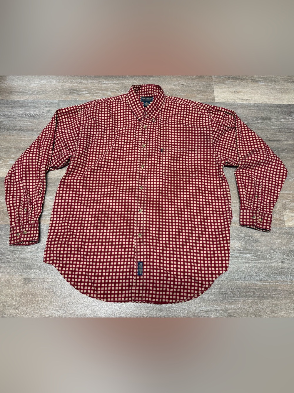Duck Head Mens XL Long Sleeve Plaid Button Down Shirt Burgundy Red Tan Cotton
